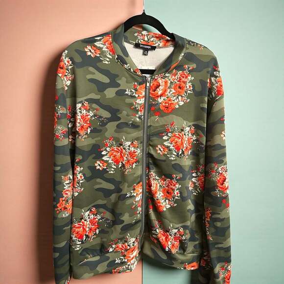 Unbranded Jackets & Blazers - Juniors Stand Collar Zip Up Floral Prints Crop Length Bomber Jacket